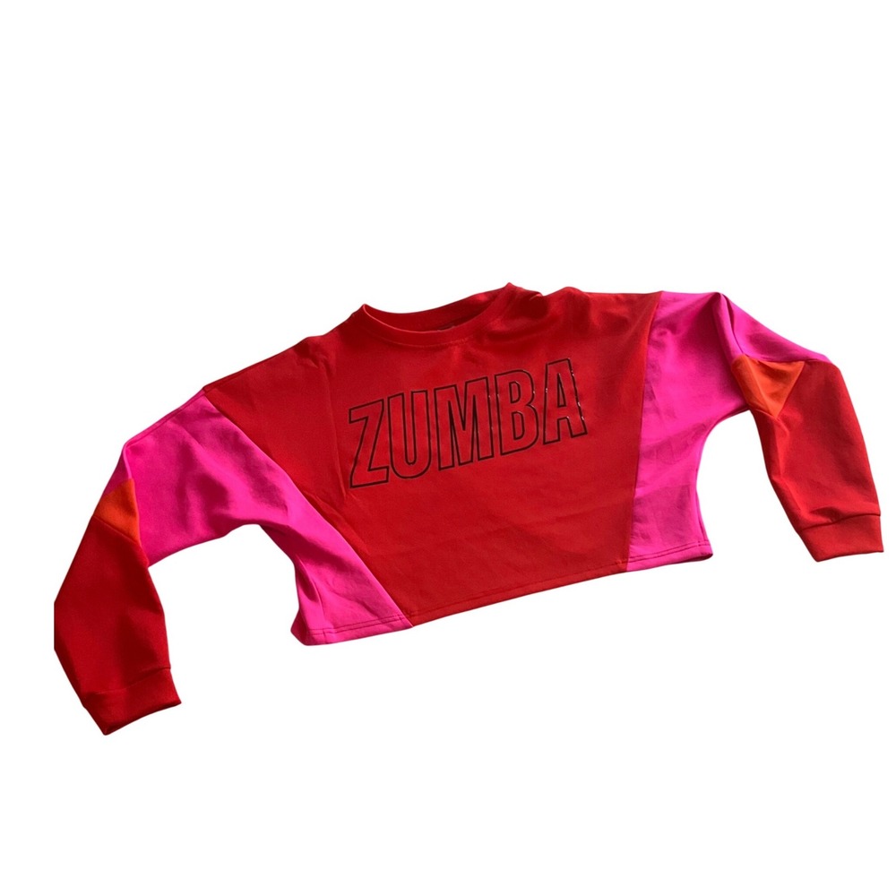 Zumba Wear Crop Sweatshirt Red Pink Color Block Long Sleeve Athletic Top Medium